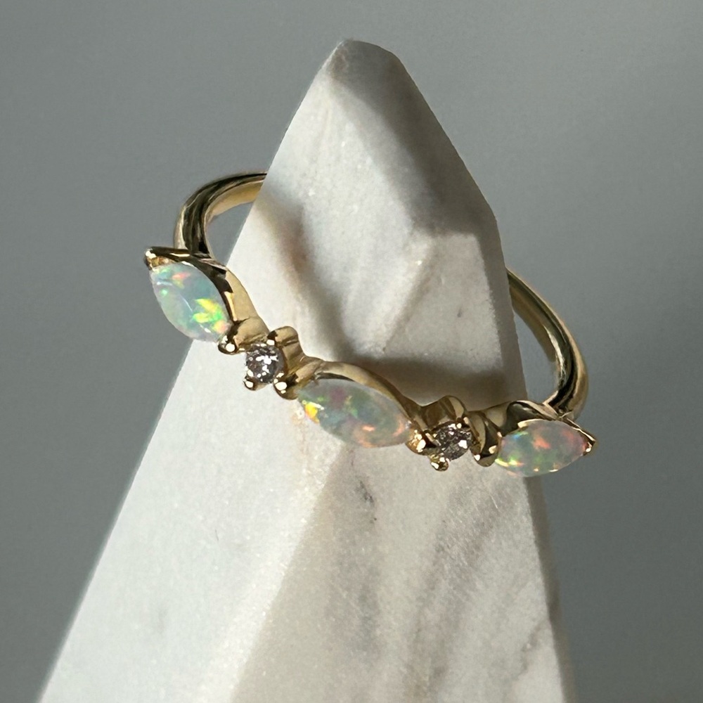14K Gold Plated Sterling Silver Opal Ring with Three Marquise Cut Opals and CZ